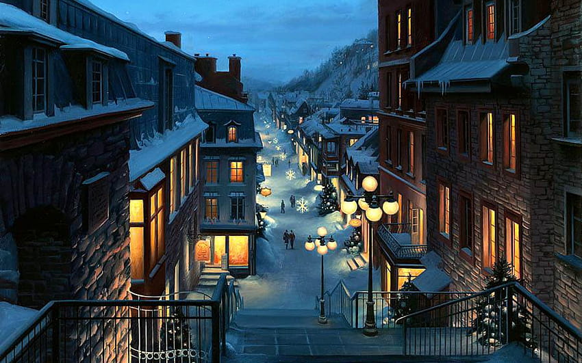 lushpin, Landscape, City, Quebec, Province, Canada, Christmas, Night, Painting / and Mobile Backgrounds, christmas city HD wallpaper