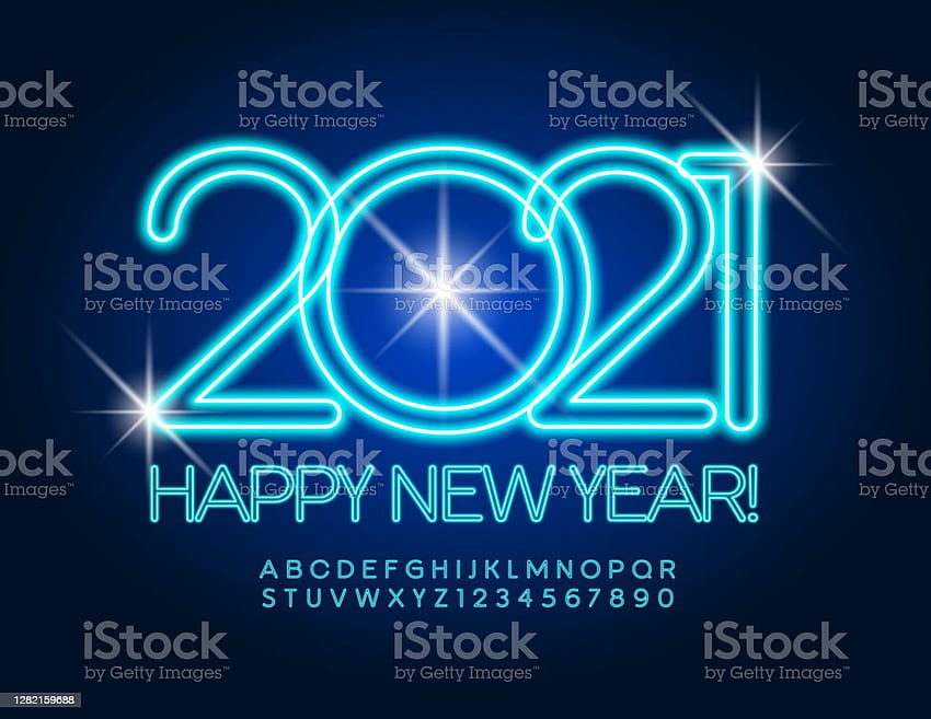 Vector Azul Tarjeta De Felicitación Feliz Año Nuevo 2021 Neón Brillante Alfabeto Letras Y Números Conjunto Stock Ilustración fondo de pantalla
