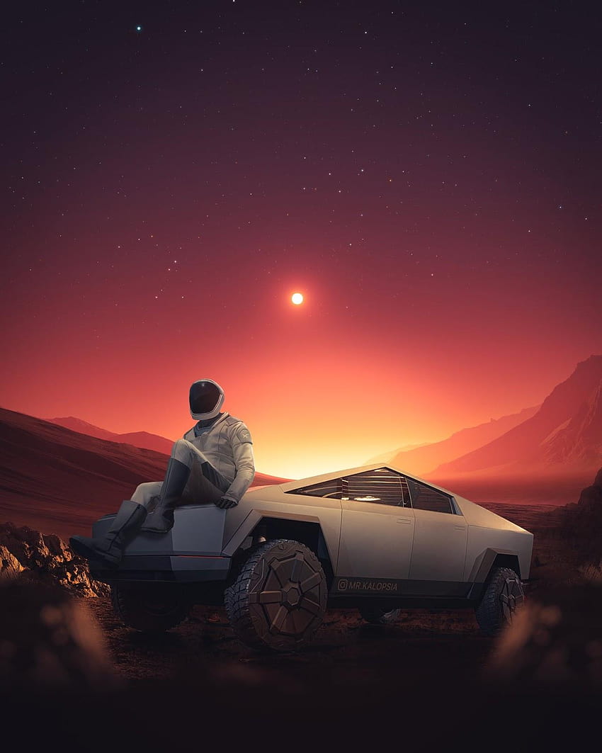 Starman resting at his Tesla Cybertruck on Mars by Eashan, tesla cybercar HD phone wallpaper