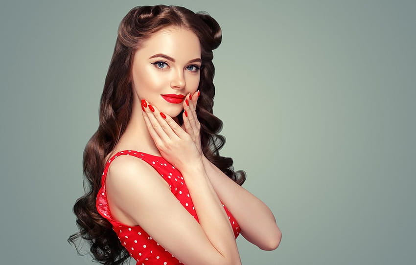소녀, 얼굴, 스타일, 빨간, 머리, 구성하다, 헤어스타일, 여자 빨간 폴카 도트 드레스 HD 월페이퍼