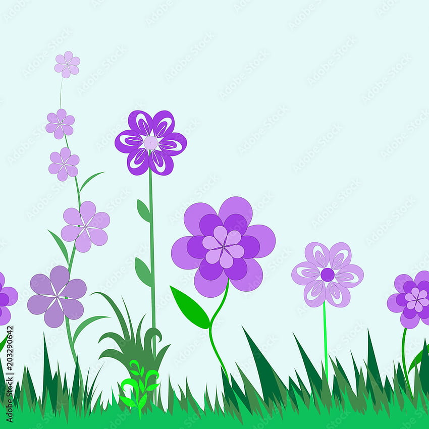 Векторен флорален безшевен орнаментален модел с хоризонтална ориентация, рисунка за деца, декоративни стилизирани цветя върху зелена трева. Светлосин фон, рисунка за приложение, оцветяване на стоков вектор HD тапет за телефон