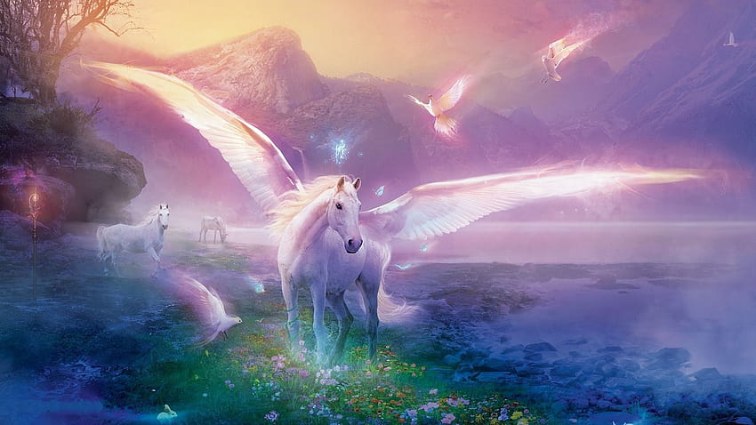 1920x1080 Pegasus, Kuda, Sihir, Latar Belakang Penuh Bunga, unicorn terbang Wallpaper HD