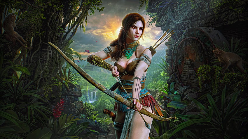 7680x4320 Lara Croft Hunter Girl, Fundos e, mulheres caçadoras papel de parede HD