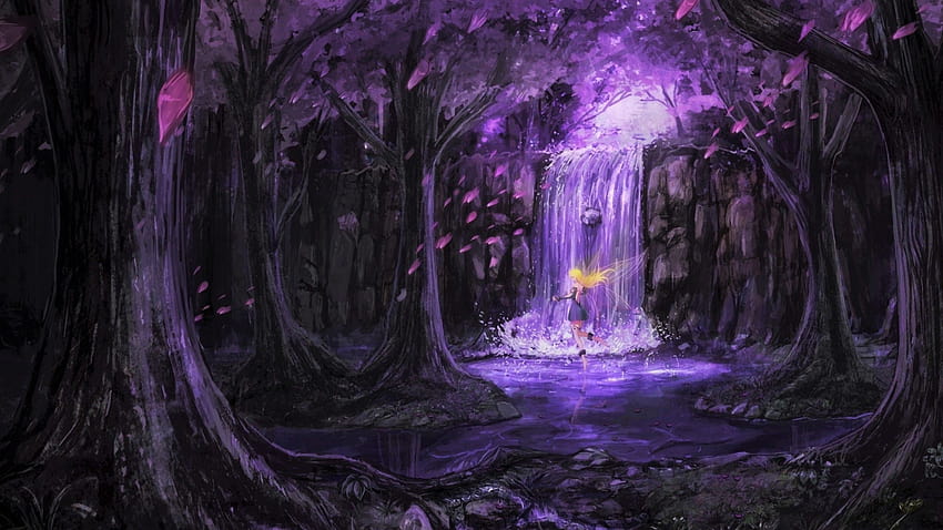 2560x1440 Purple Forest, Scenic, Fairy, Anime Girl, paysage d'anime violet Fond d'écran HD