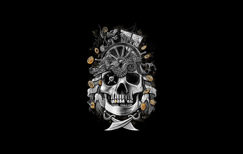 Coins, Minimalism, Skull, Style, Coins, Pirate, Sails, Swords, Art, Art, Gold, Style, Sake, Minimalism, Gold, Swords , section минимализм, pirate coins HD wallpaper