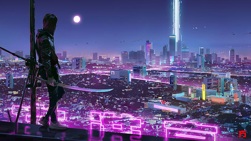 Неонови светлини Cyber ​​PUNK 2077 Ninja Boy, киберпънк нинджа HD тапет