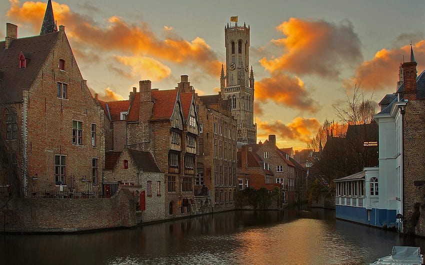 Bruges, Belgium, river, houses, clouds, dusk 1920x1200 HD wallpaper