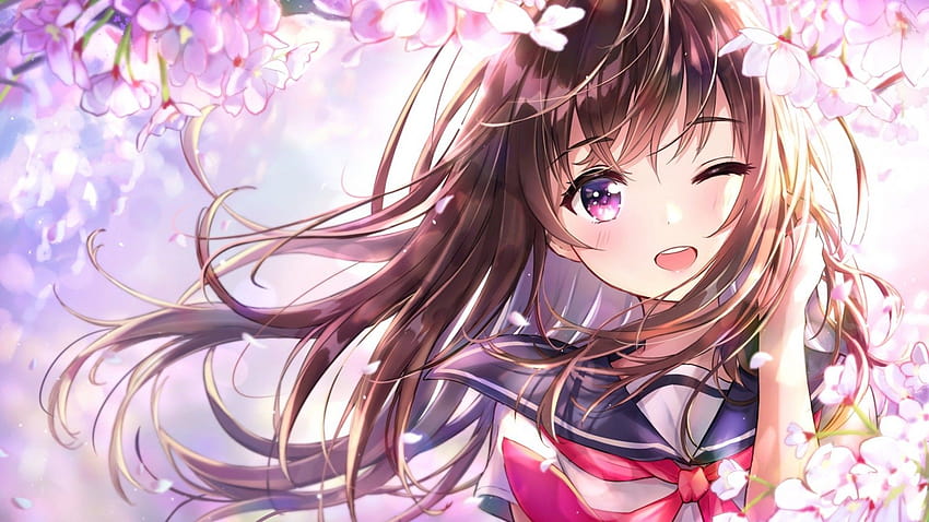Gadis Anime, Mengedipkan Mata, Bunga Sakura, Imut, Seragam Sekolah, 1920x1080 gadis anime Wallpaper HD