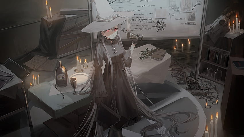 1366x768 Anime Witch Girl, Hat, Gothic, Black Dress, Axe, Long Hair for Laptop,Notebook HD wallpaper