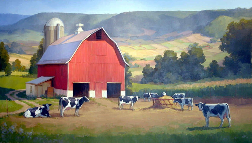 農場 納屋 牛 野原 丘 牧草地 赤、赤い納屋の農場 高画質の壁紙