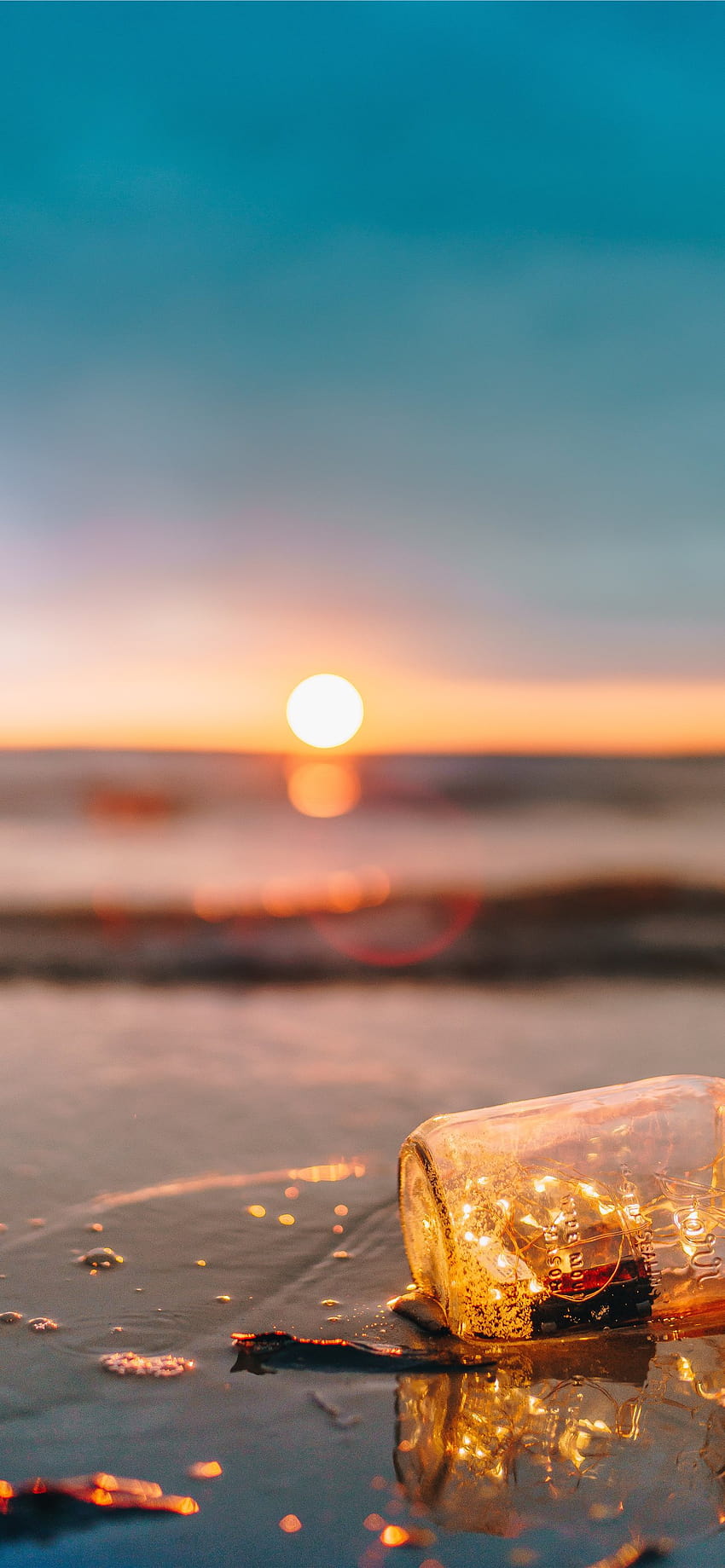 clear glass mason jar on beach during sunset iPhone 12, glass beach HD phone wallpaper