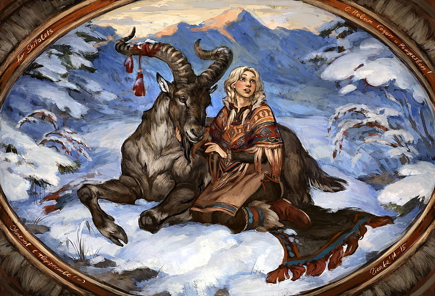 Goat Horns Girls Winter Pictorial art Animals 3261x2227, winter goat HD wallpaper