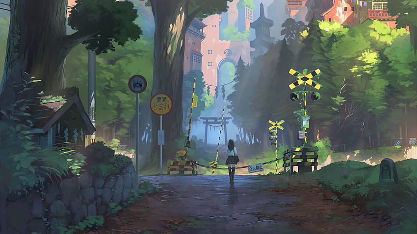 Anime Girl, Railway Crossing, Art, Landscape, , Background, 568f13, anime landscape HD wallpaper
