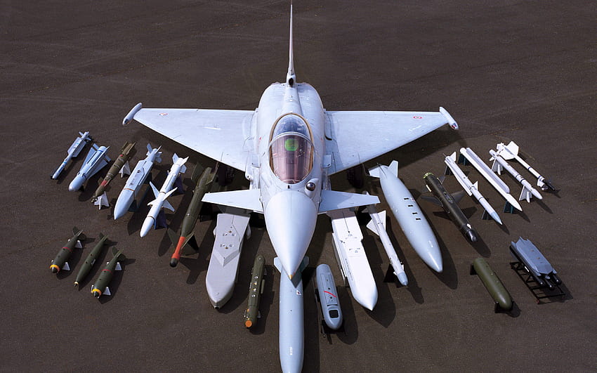 Eurofighter Typhoon Missiles bomby muszle Wojskowe samoloty myśliwskie Flight, myśliwce rakietowe Tapeta HD