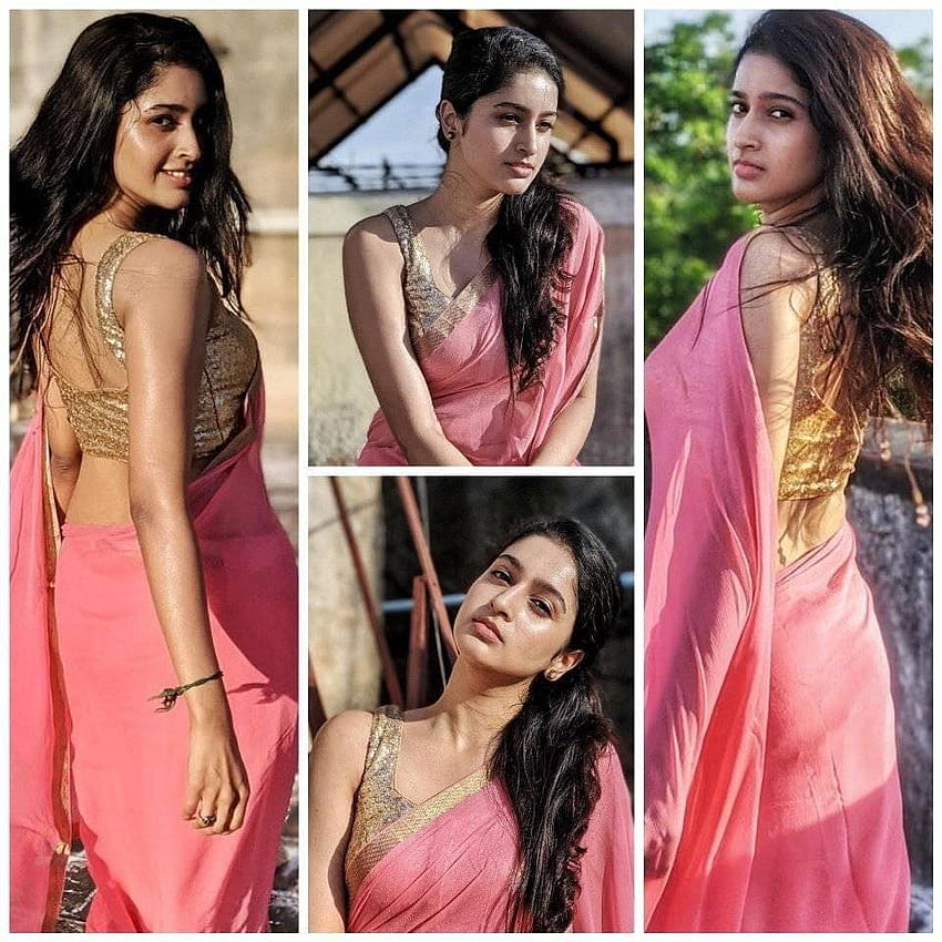Tanya Ravichandran Hot Navel in Transparent Pink Saree HD phone wallpaper