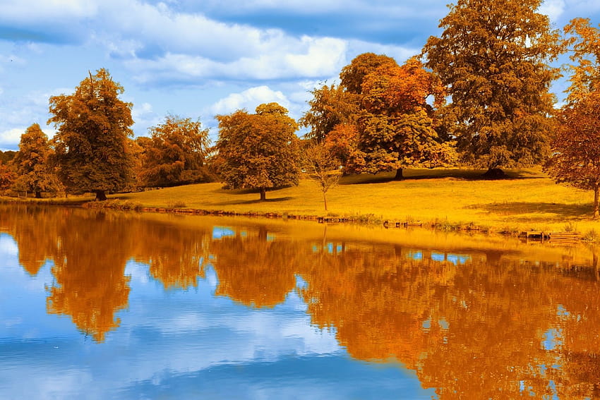 2880514 / отражения есен езеро пейзаж вода зеленина цветен парк дървета сезони езерце река оранжево синя природа, цветно отражение HD тапет