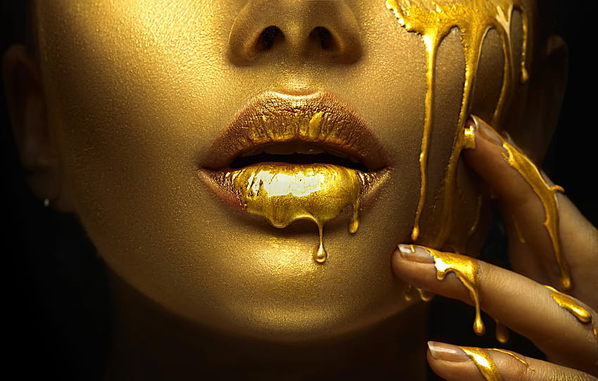 golden, lips, fingers, makeup , section стиль, gold lips HD wallpaper