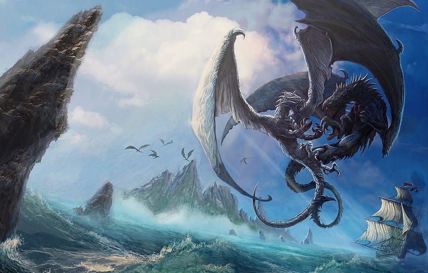 The ocean, Sea, Dragon, Monsters, Rocks, Ship, Battle, sea dragon HD wallpaper