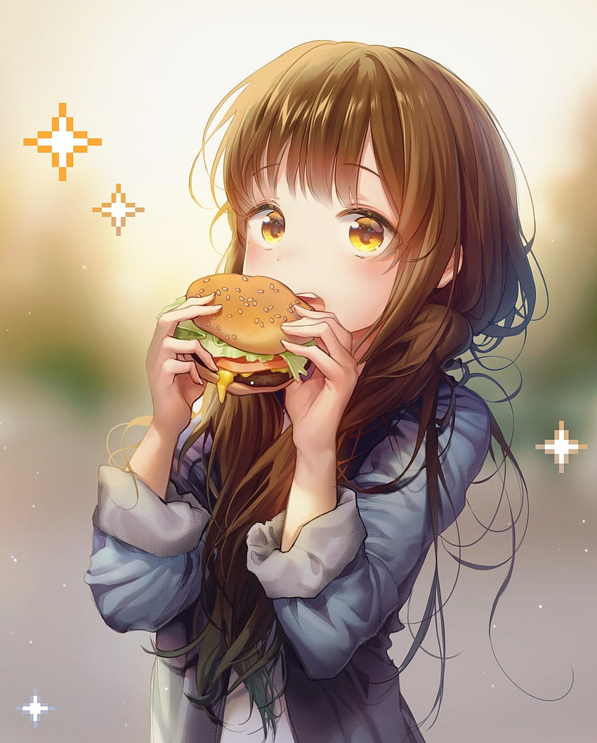 Anime Girl, Cute, Hamburger, Brown Hair, Eating, Moe, Fast Food, girl food  HD phone wallpaper | Pxfuel