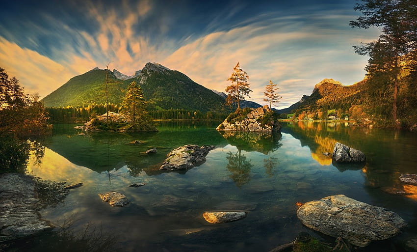 : hintersee, Germany, landscape, forest, trees, mountains, lake, mirrored, nature, rocks, sky, clouds, clear water, horizon, Krzysztof Browko 1739x1050, lake hintersee HD wallpaper