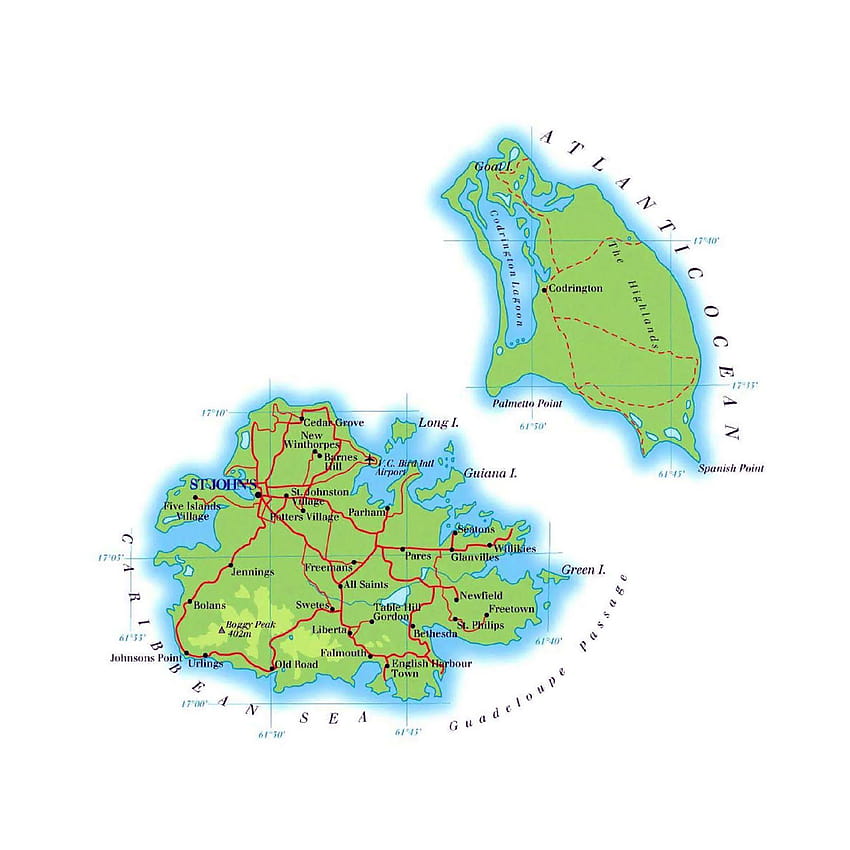 Mapa de carreteras detallado de Antigua y Barbuda. Antigua y Barbuda fondo de pantalla del teléfono