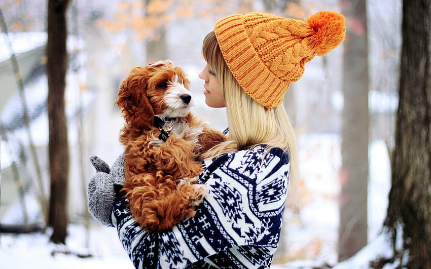 : สัตว์ ผู้หญิง สีบลอนด์ หิมะ ฤดูหนาว ส้ม เสื้อกันหนาว หมวกขนสัตว์ ฤดูใบไม้ร่วง สุนัขชอบเลี้ยงลูกด้วยนม สุนัขพันธุ์ผสม 1920x1200 ผู้หญิงและสุนัข วอลล์เปเปอร์ HD