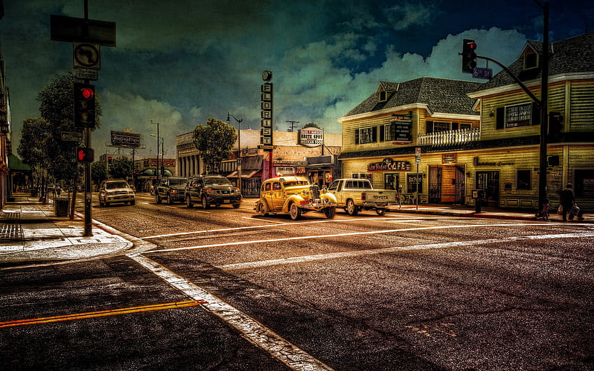 Samochody na światłach w małym amerykańskim miasteczku 1280x720, amerykańska ulica Tapeta HD