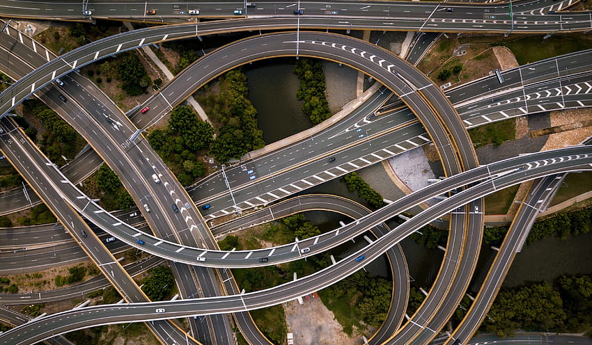 Architecture Road Hairpin Turns Car Highway Trees River Drone Aerial View HD wallpaper