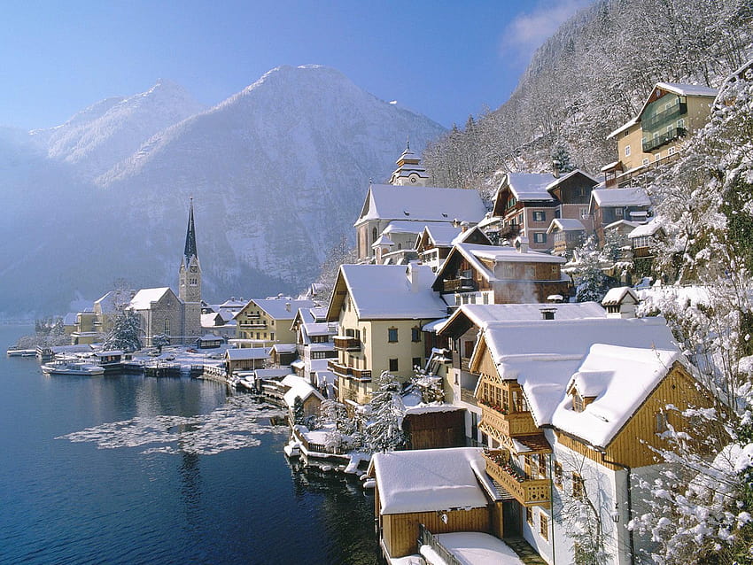 Бели и кафяви бетонни къщи, зима, град, Австрия, Бад, зимен град HD тапет