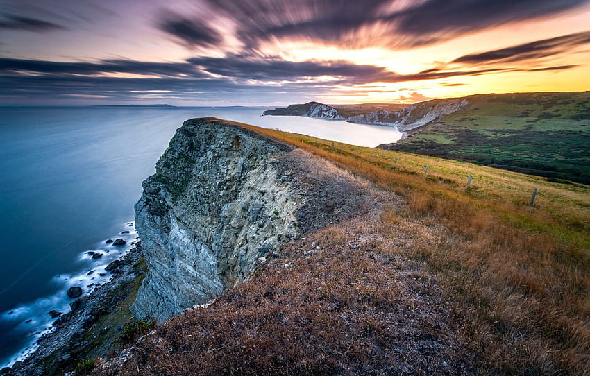 longue exposition, coucher de soleil jurassique, falaise de Gad, côte du Dorset , section пейзажи Fond d'écran HD