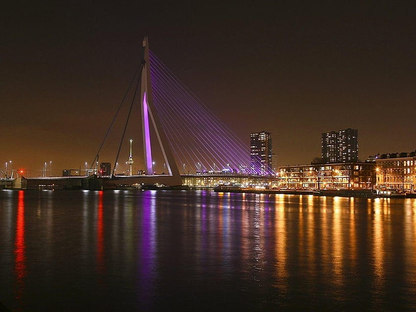 Nowoczesne: Rotterdam Holandia Night Bridge Telefon dla Tapeta HD