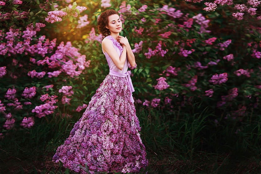 : women outdoors, model, flowers, purple, fashion, pink, pink wedding dress HD wallpaper