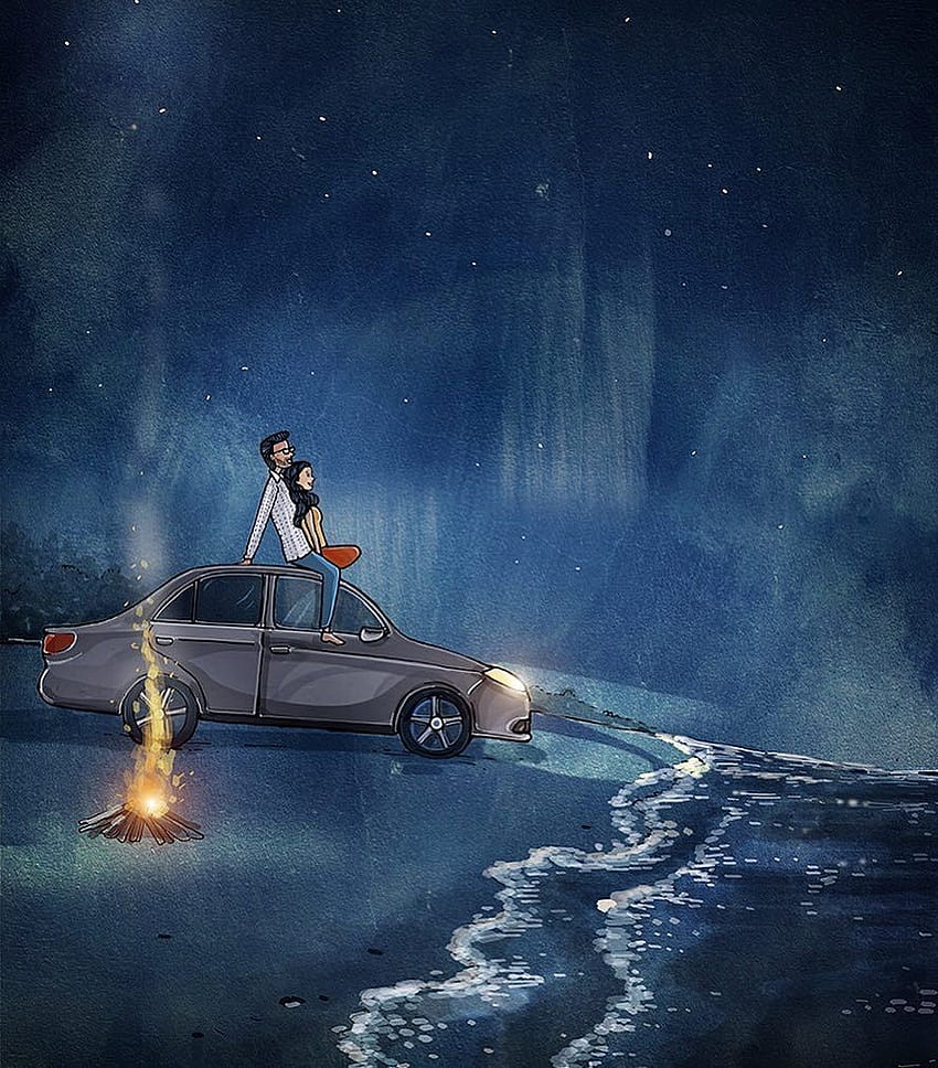 Сати ни върху колата, гледайки нощните звезди в Сан Диего, естетика на аниме кола HD тапет за телефон