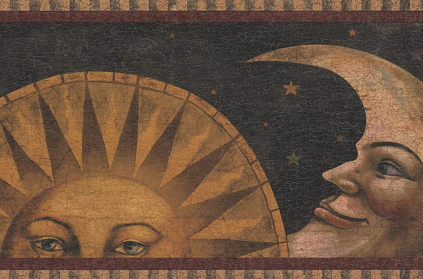 イエロー ベージュ笑顔太陽月星ひびの入った黒い境界線、レトロな太陽全画面表示 高画質の壁紙