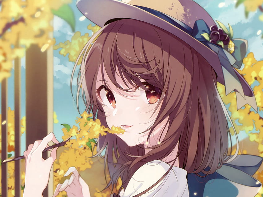 autumn, tree branch, anime girl, cute, , background, 9dcfb2, autumn aesthetic anime HD wallpaper