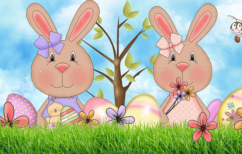 tree, egg, art, Easter, bee, Bunny, bow, chicken, flower, Easter Bunny , section праздники, cute flower easter HD wallpaper