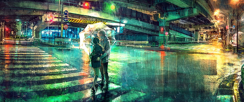 : kolorowy, wiadukt, parasol, deszcz, noc, światła, ultraszeroki, ultra szeroki, anime chłopcy, anime dziewczyny 3440x1440, zimowe światła 3440x1440 Tapeta HD