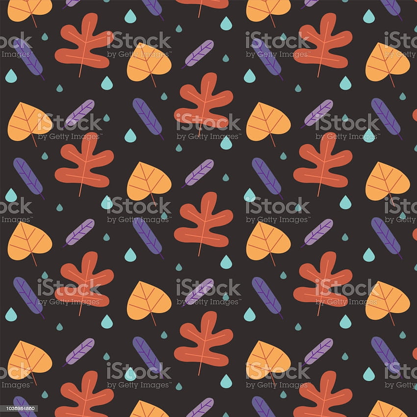 Nahtloses Herbstmuster mit trockenen Blättern und Regentropfen, Verwendung für Geschenkpapier, Grußkarten, textile Webseitenhintergründe und mehr Stockillustration, Regentropfenherbst HD-Handy-Hintergrundbild