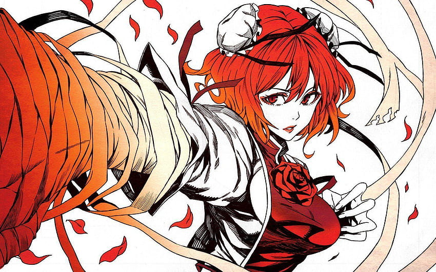 Video games Touhou red flowers redheads ribbons red eyes short, hair bun HD wallpaper