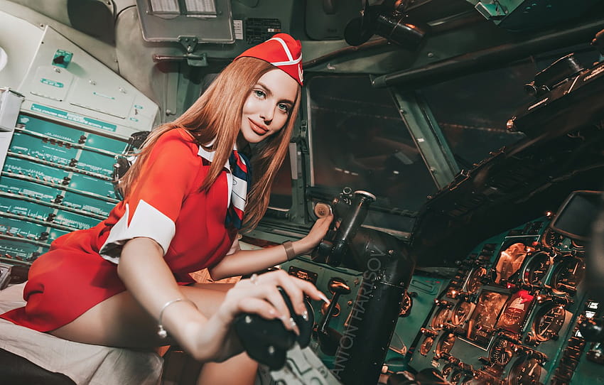schauen, lächeln, Mädchen, Kabine, Form, das Flugzeug, Stewardess, Anton Kharisov, Ksenia Serkova, Abschnitt Mädchen HD-Hintergrundbild