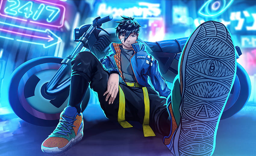 Neon City Biker Boy, artista, s y, neon anime boy fondo de pantalla