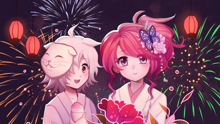 1920x1080 girls, flowers, fireworks, anime art HD wallpaper