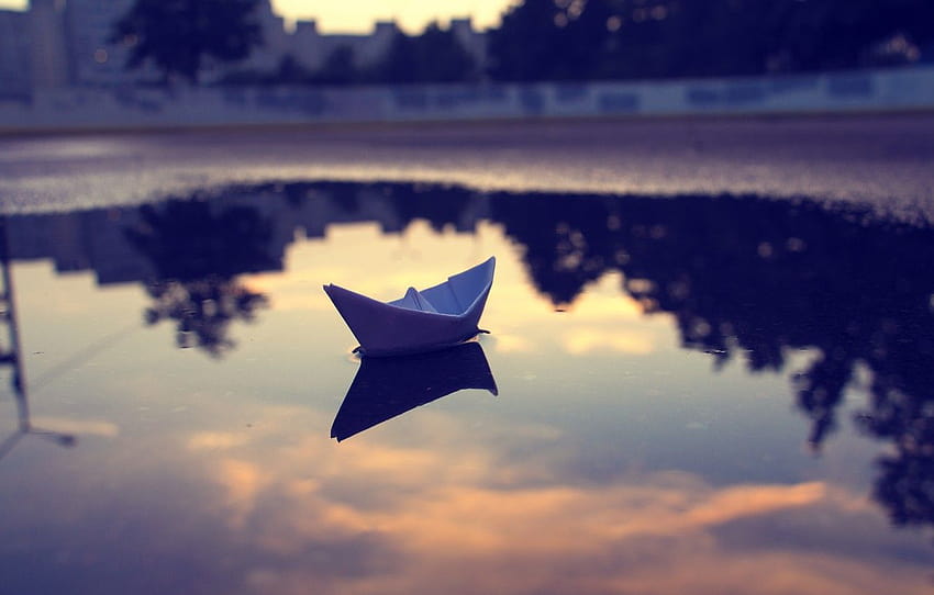 clouds, sunset, reflection, heaven, the evening, puddle, paper boat , section разное HD wallpaper