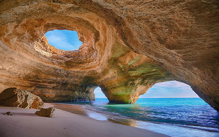 Португалия, пещера, плаж, скала, пясък, море, вода, ерозия, природа, пейзаж / и мобилни фонове HD тапет