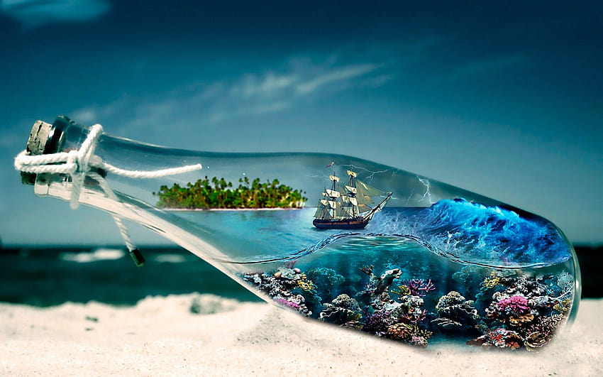 World In Glass Bottle Sea Boat Underwater World Seabed With Corals 2560x1600 : 13 HD wallpaper