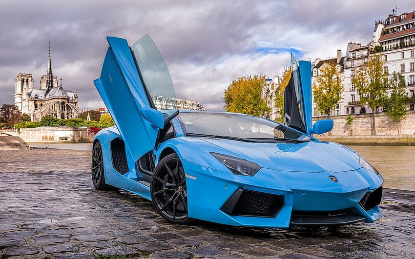 Синьо Lamborghini Aventador с отворени врати на улица City, врата на lamborghini HD тапет