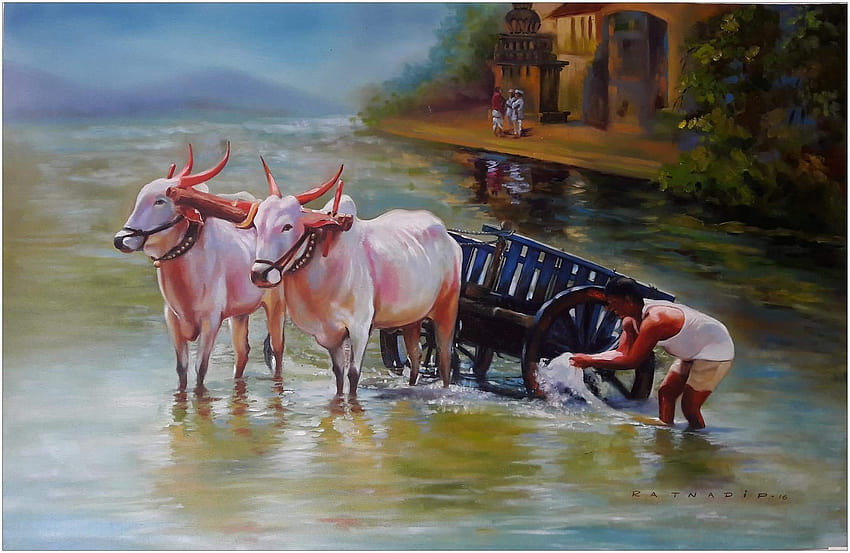 The Bullock Cart Oil on canvas Artist Ratnadip Barbole HD wallpaper