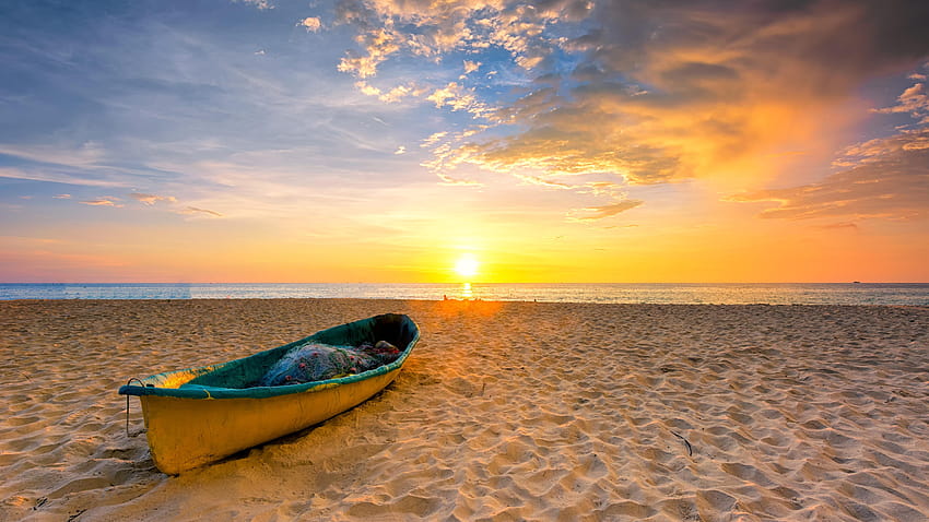 ชายหาด หาดทราย เรือ ทะเล พระอาทิตย์ตก 5120x2880 U, เรือยามพระอาทิตย์ตกดิน วอลล์เปเปอร์ HD
