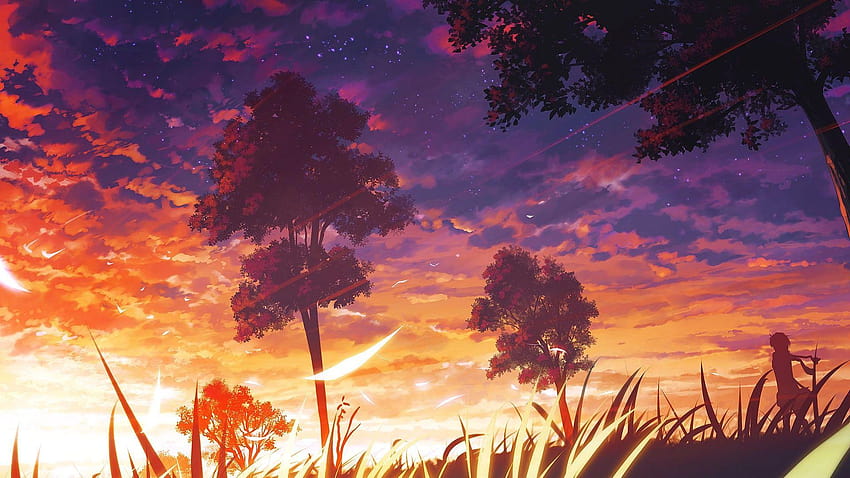 Pôr do sol da floresta de anime escuro