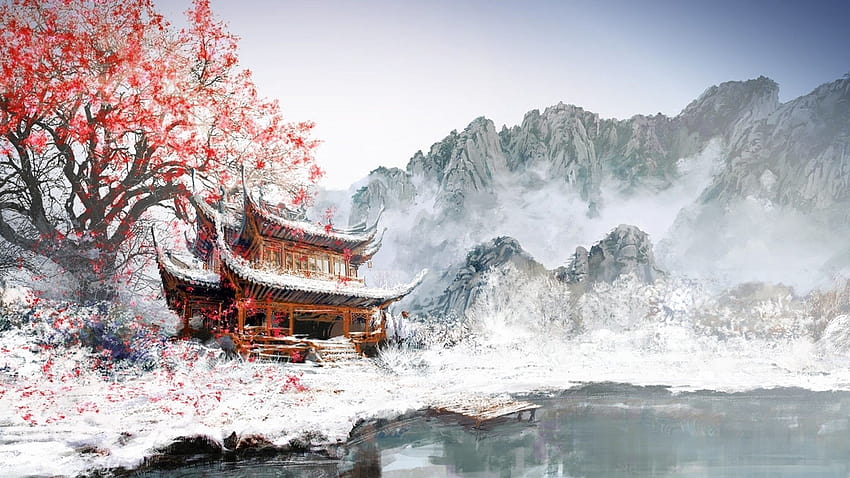 Древен китайски пейзаж, зимен Китай HD тапет